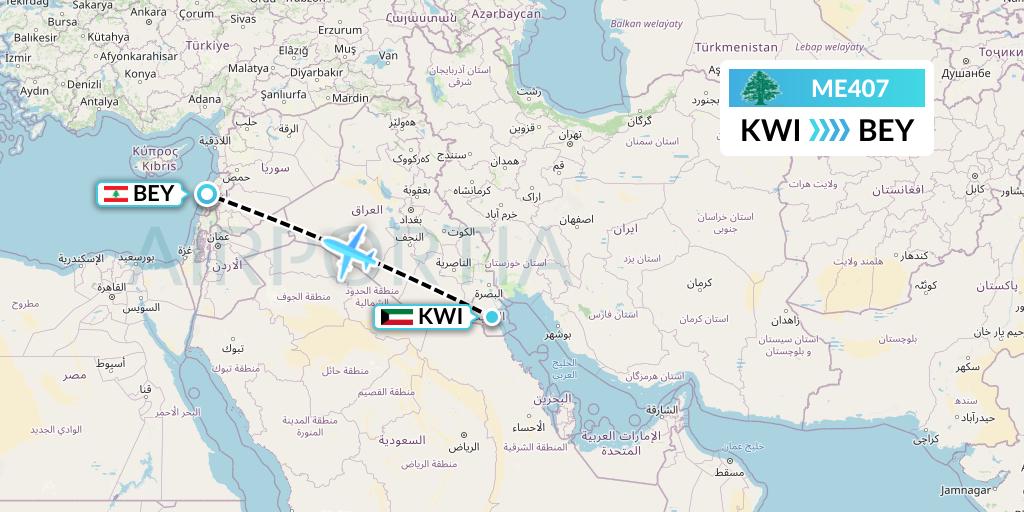 ME407 MEA Flight Map: Kuwait City to Beirut