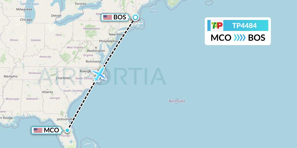 TP4484 TAP Portugal Flight Map: Orlando to Boston