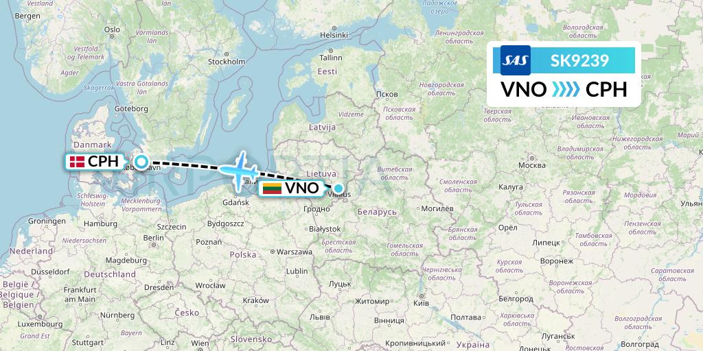 SK9239 SAS Flight Map: Vilnius to Copenhagen