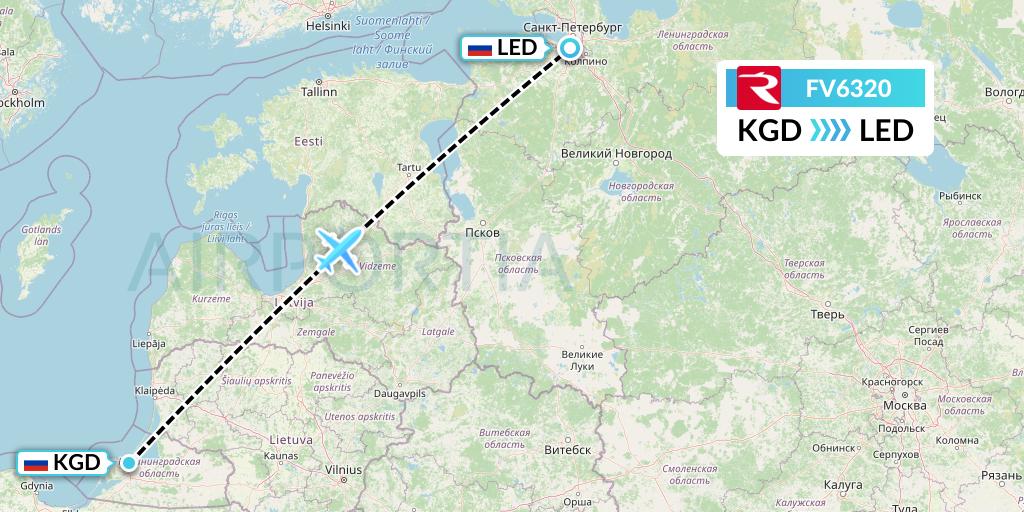 FV6320 Rossiya Flight Map: Kaliningrad to St. Petersburg