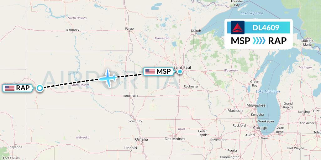 DL4609 Delta Air Lines Flight Map: Minneapolis to Rapid City
