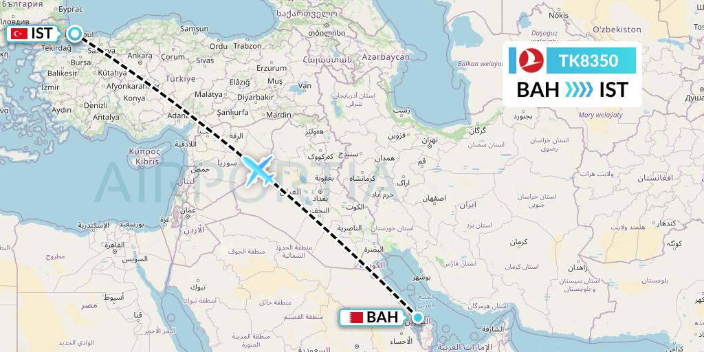 TK8350 Turkish Airlines Flight Map: Bahrain to Istanbul