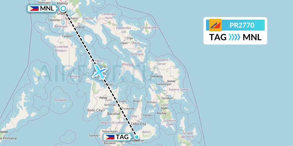 PR2770 Philippine Airlines Flight Map: Tagbilaran City to Manila