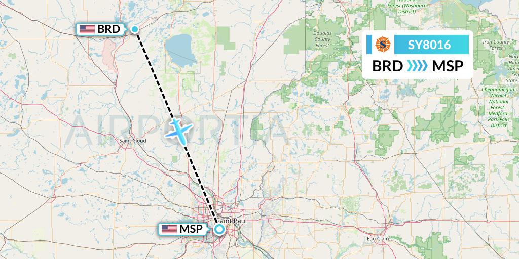 SY8016 Sun Country Airlines Flight Map: Brainerd to Minneapolis