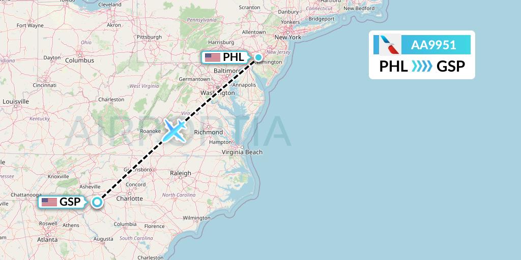 AA9951 American Airlines Flight Map: Philadelphia to Greenville-Spartanburg