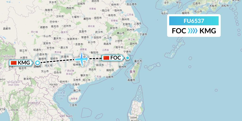 FU6537 Fuzhou Airlines Flight Map: Fuzhou to Kunming