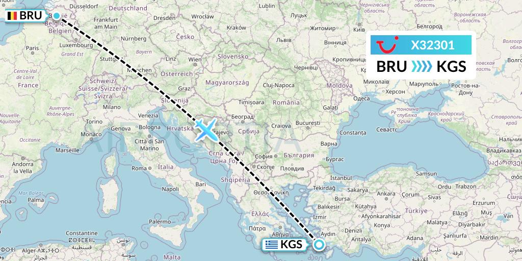 X32301 TUI fly Germany Flight Map: Brussels to Kos