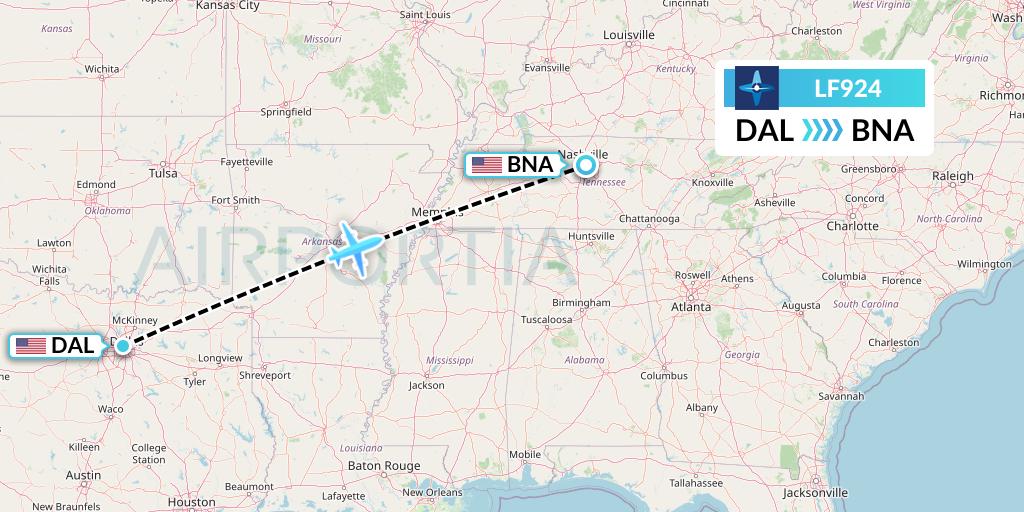 LF924 Corporate Flight Management Flight Map: Dallas to Nashville