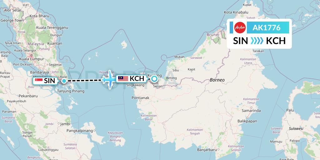 AK1776 AirAsia Flight Map: Singapore to Kuching