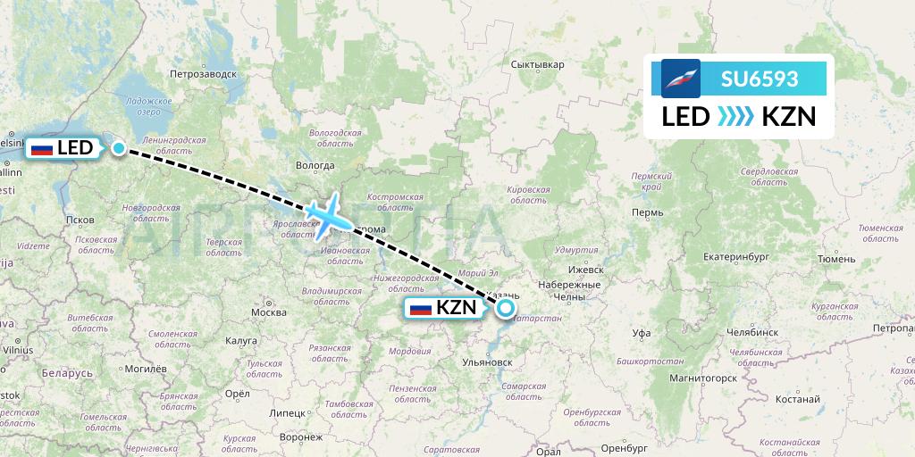 SU6593 Aeroflot Flight Map: St. Petersburg to Kazan