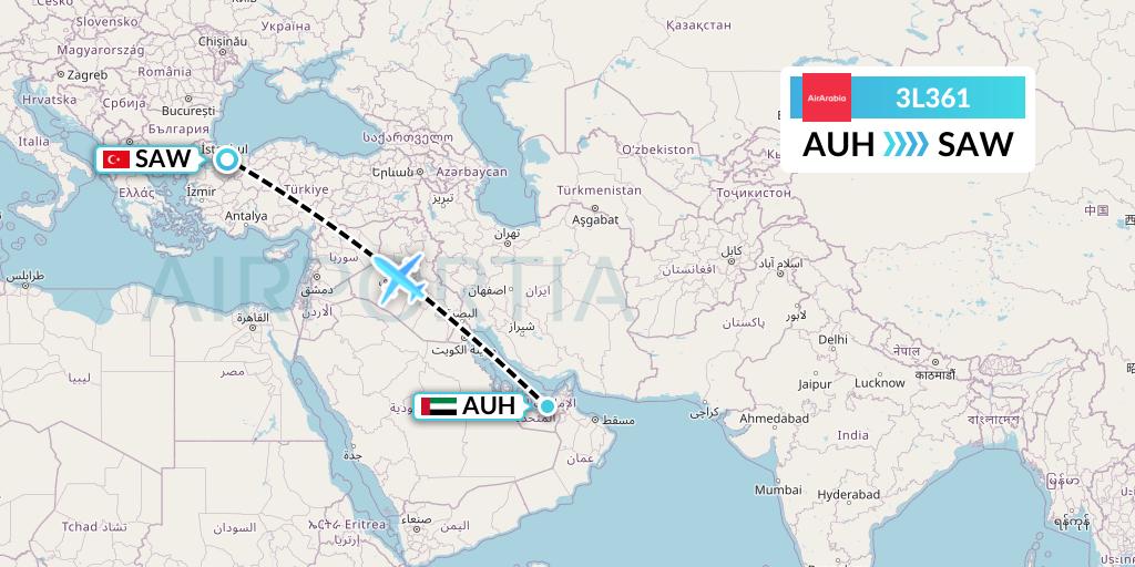 3L361 Air Arabia Abu Dhabi Flight Map: Abu Dhabi to Istanbul