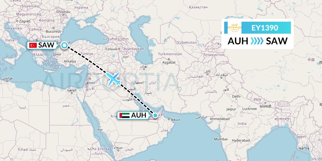 EY1390 Etihad Airways Flight Map: Abu Dhabi to Istanbul