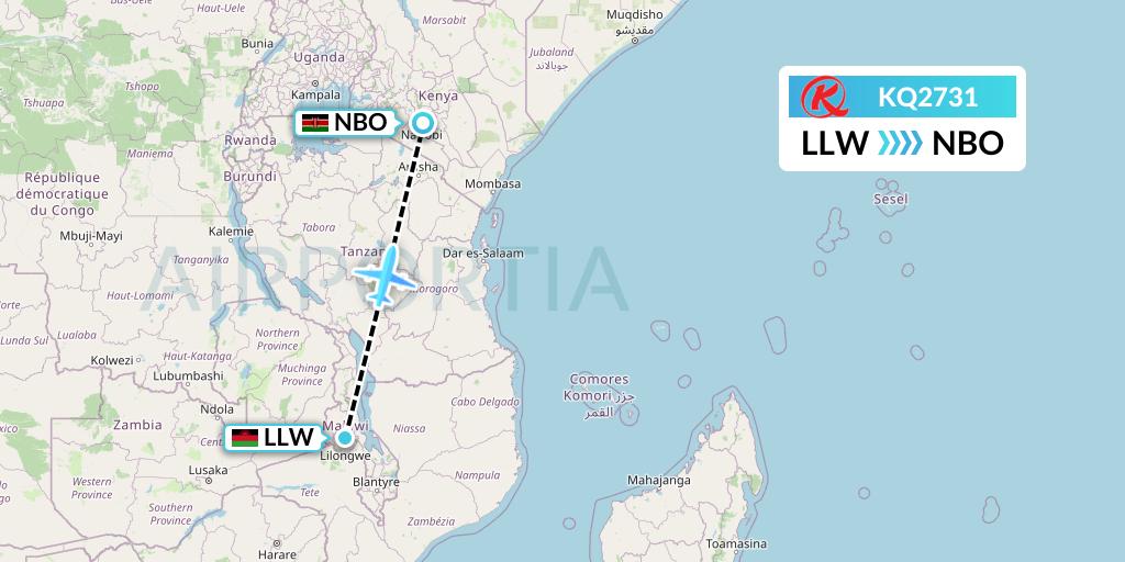 KQ2731 Kenya Airways Flight Map: Lilongwe to Nairobi
