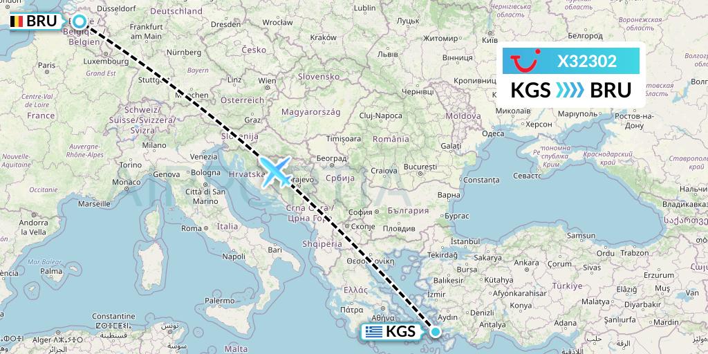 X32302 TUI fly Germany Flight Map: Kos to Brussels