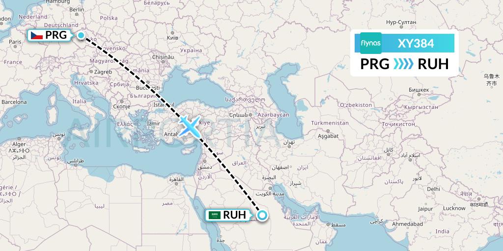 XY384 Flynas Flight Map: Prague to Riyadh