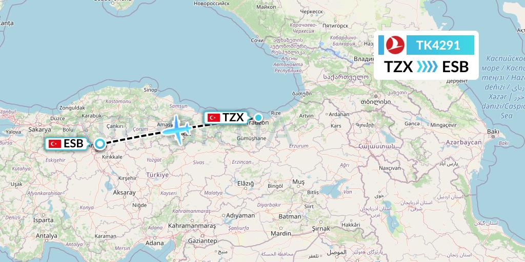 TK4291 Turkish Airlines Flight Map: Trabzon to Ankara