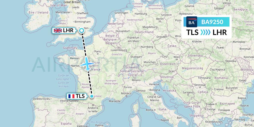 BA9250 British Airways Flight Map: Toulouse to London