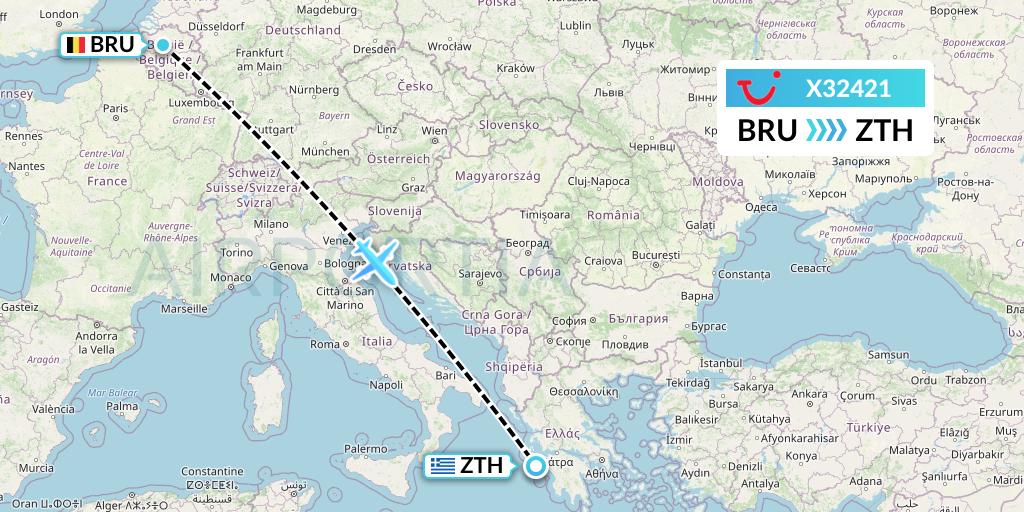 X32421 TUI fly Germany Flight Map: Brussels to Zakynthos