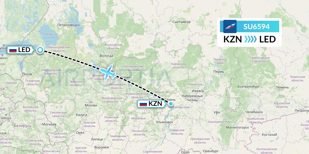 SU6594 Aeroflot Flight Map: Kazan to St. Petersburg
