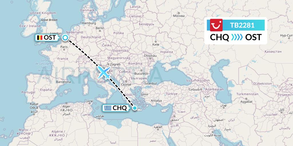 TB2281 TUI fly Belgium Flight Map: Chania to Ostend