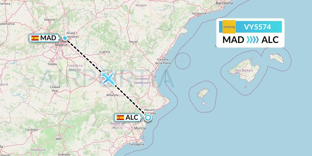 VY5574 Vueling Flight Map: Madrid to Alicante