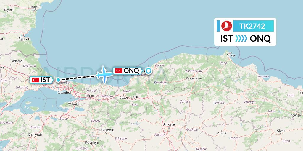 TK2742 Turkish Airlines Flight Map: Istanbul to Zonguldak