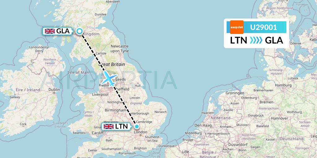 U29001 EasyJet Flight Map: London to Glasgow