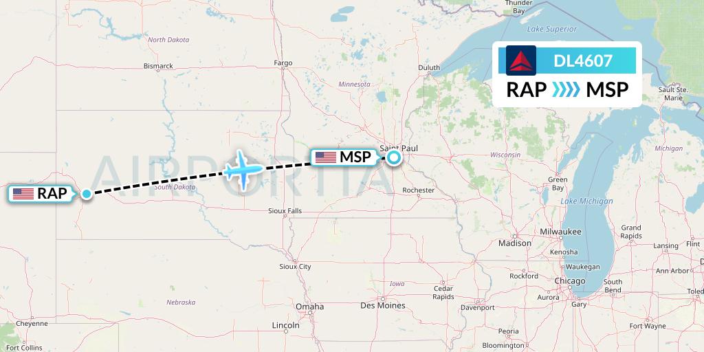 DL4607 Delta Air Lines Flight Map: Rapid City to Minneapolis