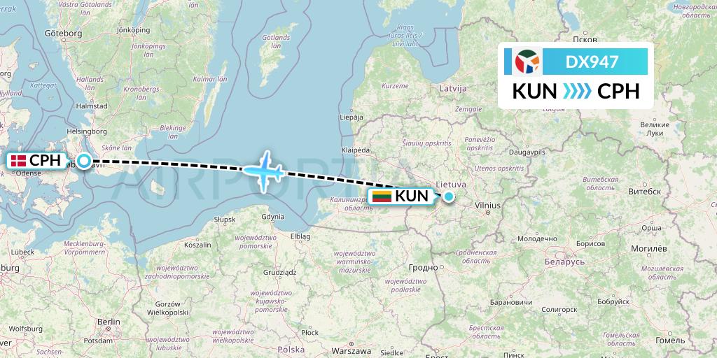 DX947 Danish Air Transport Flight Map: Kaunas to Copenhagen