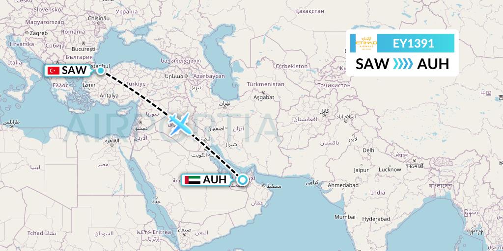 EY1391 Etihad Airways Flight Map: Istanbul to Abu Dhabi