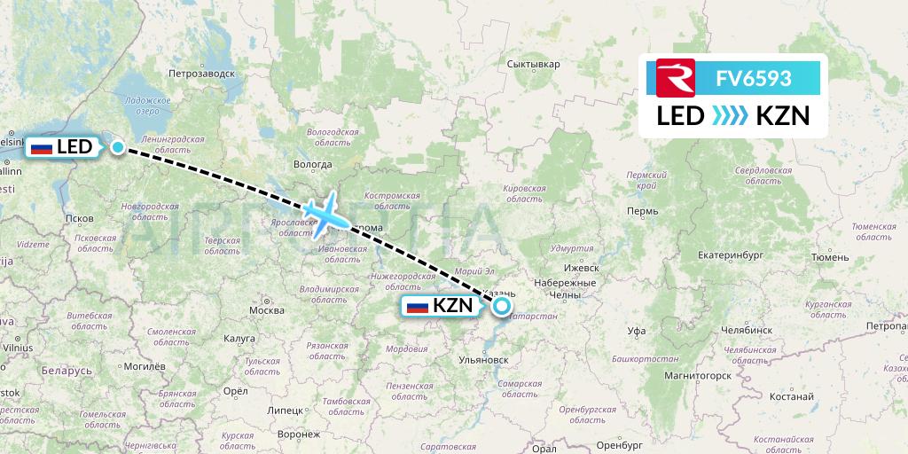 FV6593 Rossiya Flight Map: St. Petersburg to Kazan