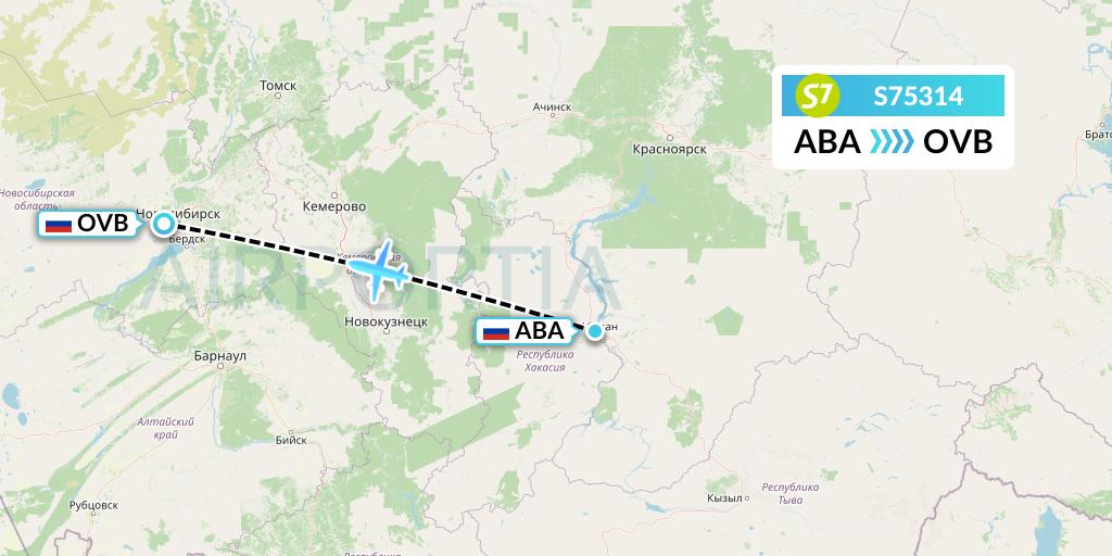 S75314 S7 Airlines Flight Map: Abakan to Novosibirsk