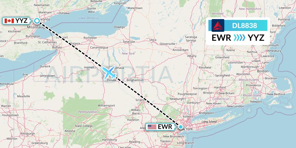 DL8838 Delta Air Lines Flight Map: New York to Toronto