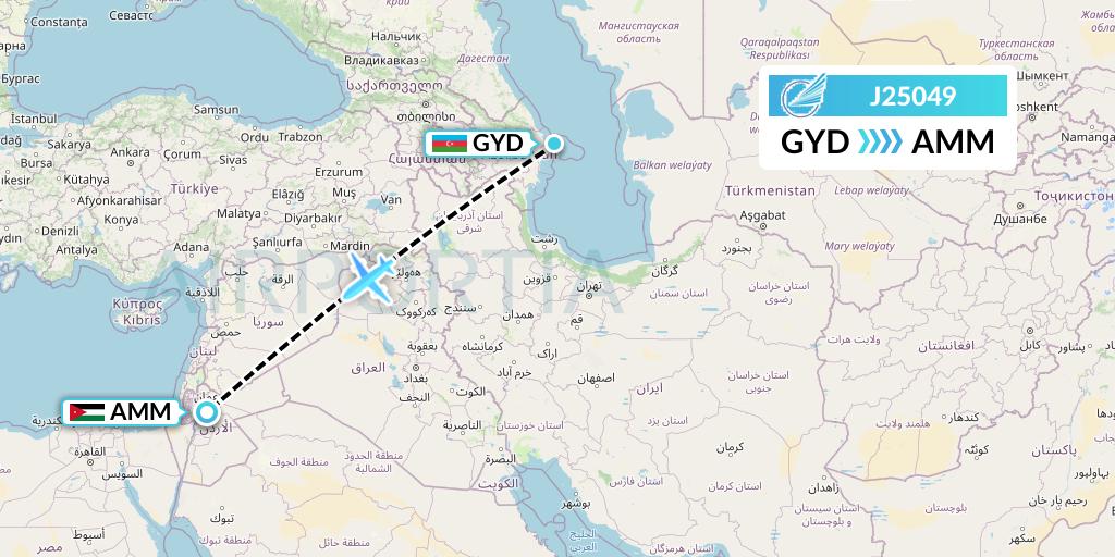 J25049 Azerbaijan Airlines Flight Map: Baku to Amman
