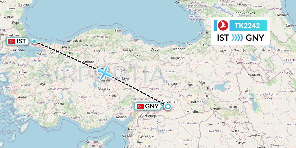 TK2242 Turkish Airlines Flight Map: Istanbul to Sanliurfa