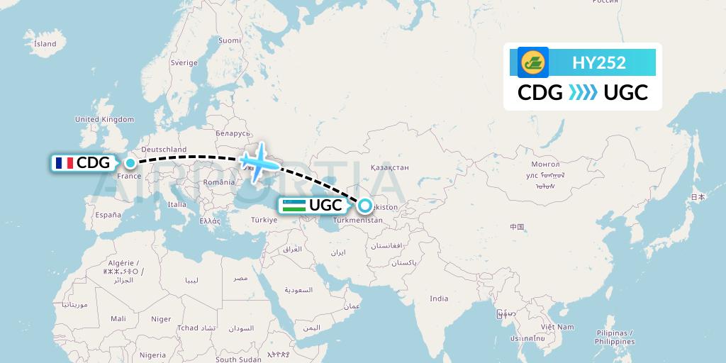 HY252 Uzbekistan Airways Flight Map: Paris to Urgench