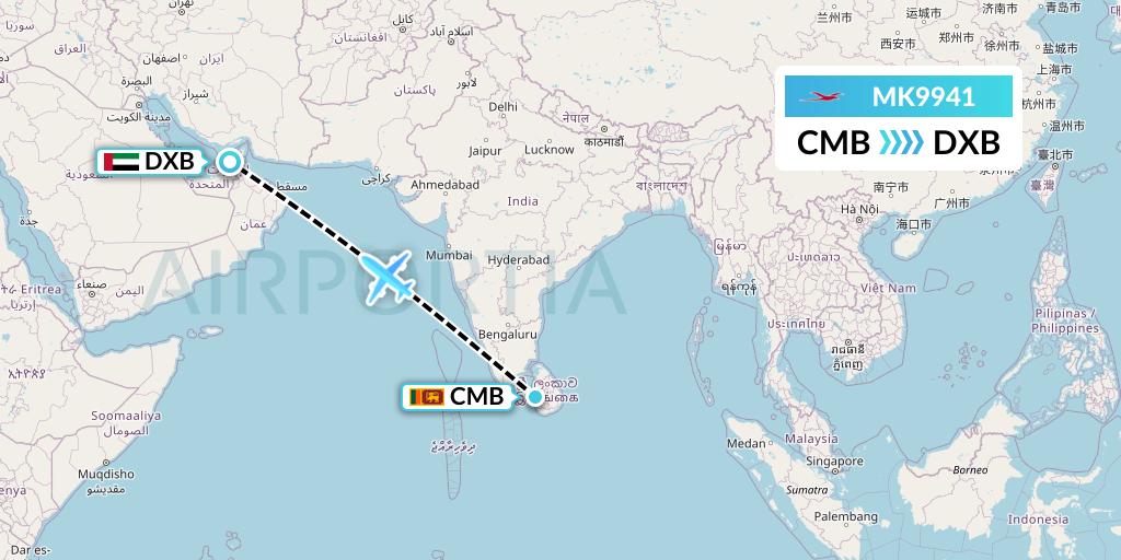 MK9941 Air Mauritius Flight Map: Colombo to Dubai