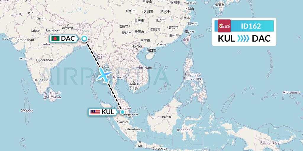 ID162 Batik Air Flight Map: Kuala Lumpur to Dhaka