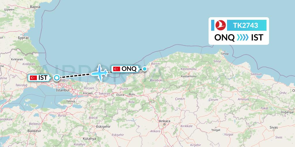 TK2743 Turkish Airlines Flight Map: Zonguldak to Istanbul