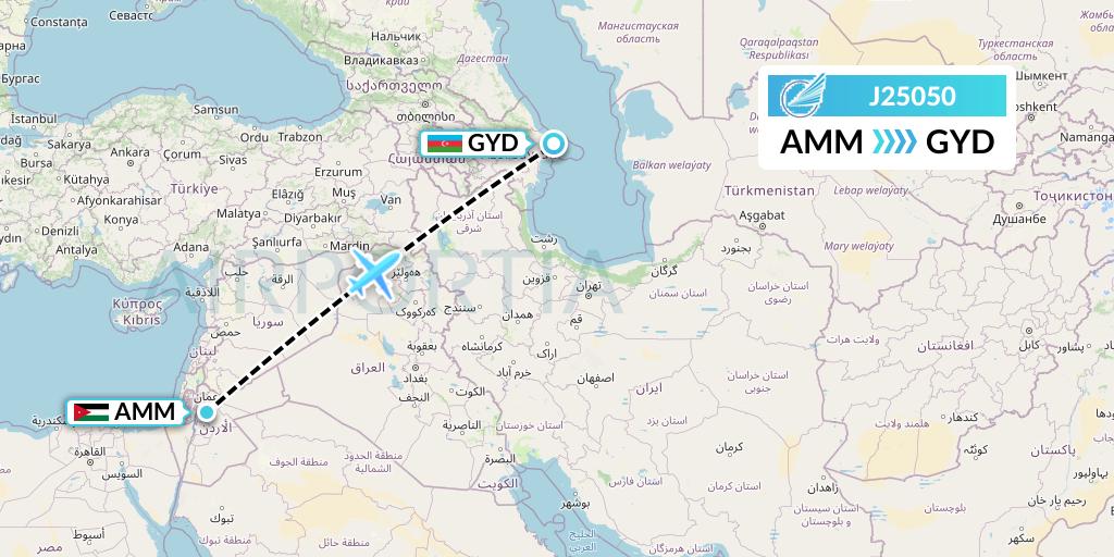 J25050 Azerbaijan Airlines Flight Map: Amman to Baku