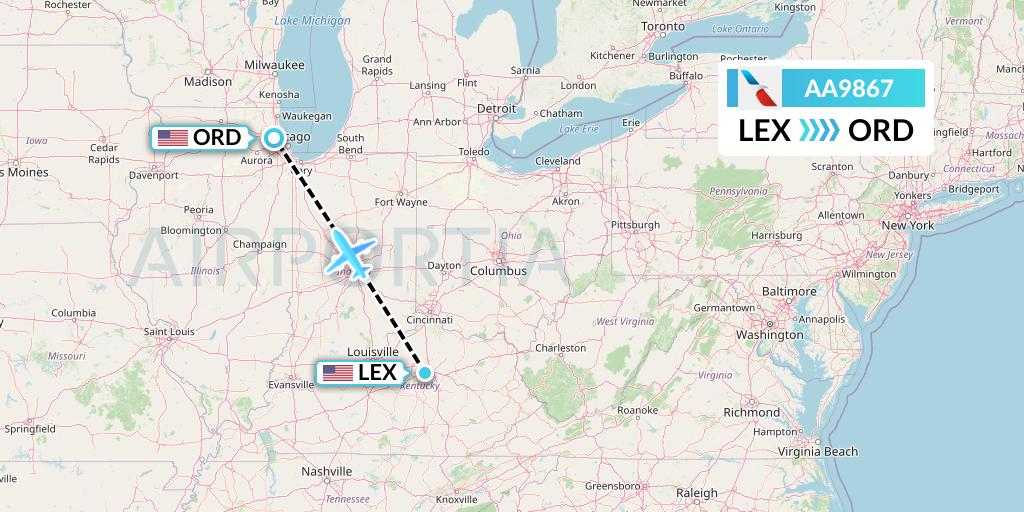 AA9867 American Airlines Flight Map: Lexington to Chicago
