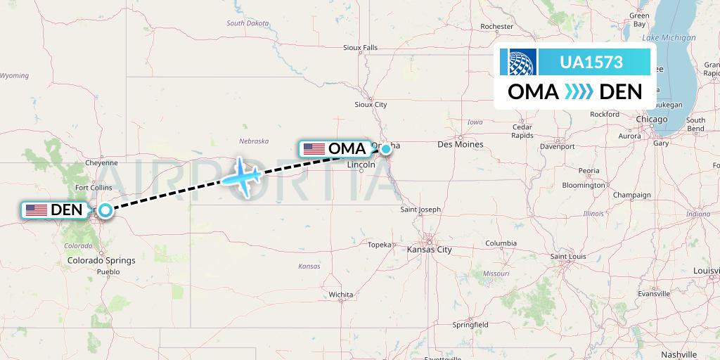 UA1573 United Airlines Flight Map: Omaha to Denver