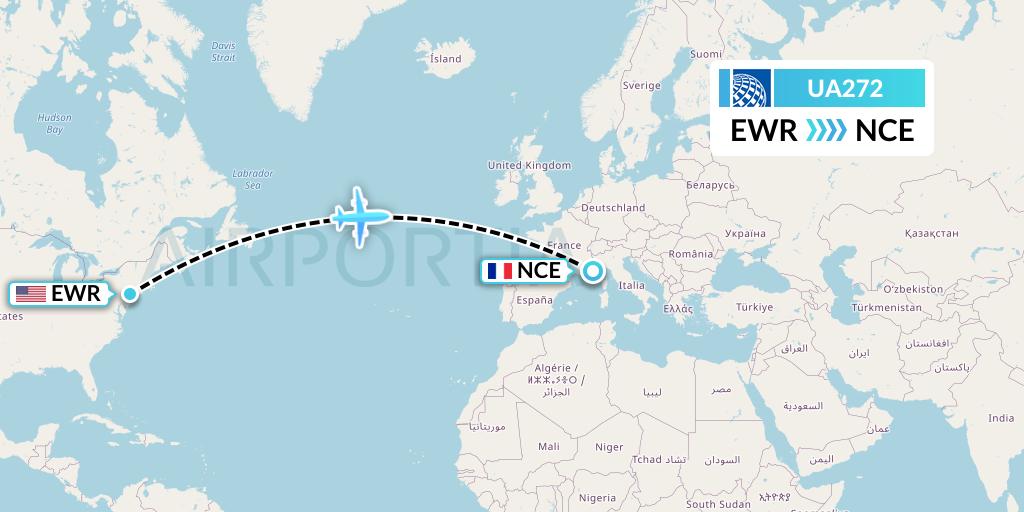 UA272 United Airlines Flight Map: New York to Nice