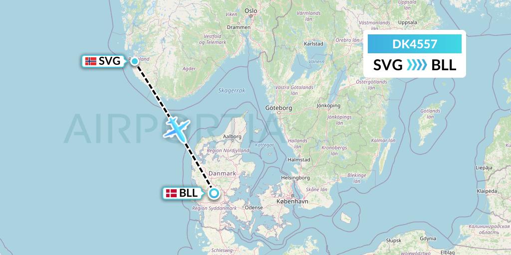 DK4557 Thomas Cook Airlines Scandinavia Flight Map: Stavanger to Billund