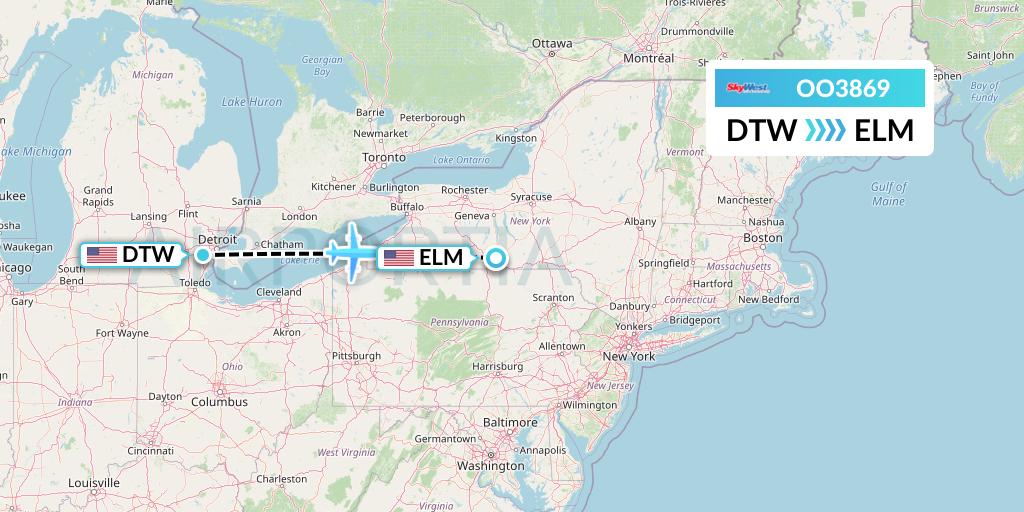 OO3869 SkyWest Airlines Flight Map: Detroit to Elmira