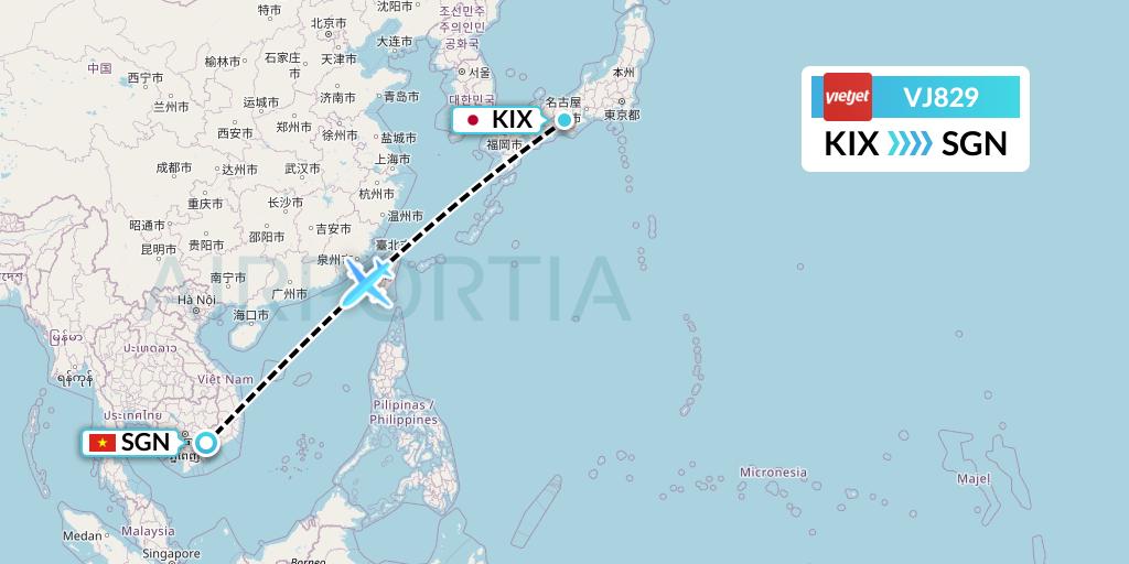 VJ829 VietJet Air Flight Map: Osaka to Ho Chi Minh City