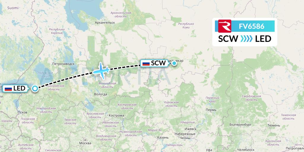 FV6586 Rossiya Flight Map: Syktyvkar to St. Petersburg