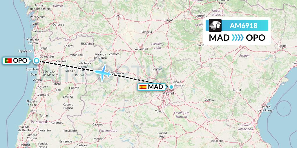 AM6918 Aeromexico Flight Map: Madrid to Porto
