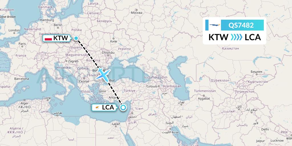 QS7482 Smartwings Flight Map: Katowice to Larnaca