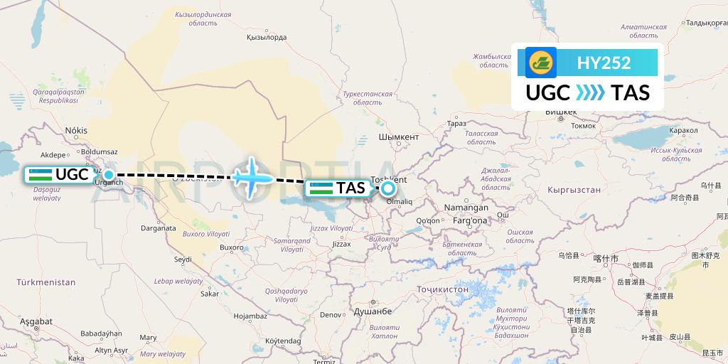 HY252 Uzbekistan Airways Flight Map: Urgench to Tashkent